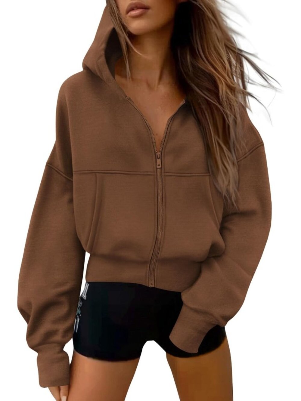 Women's Brown Long Sleeve Zip Up Hoodie Casual Fall Fleece Sweatshirt Jacket